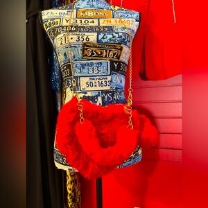 Red cross body faux fur purse